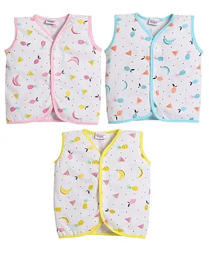 Little Angels Pack Of 3 Teddy Print Sleeveless Vests - Yellow Pink Peach