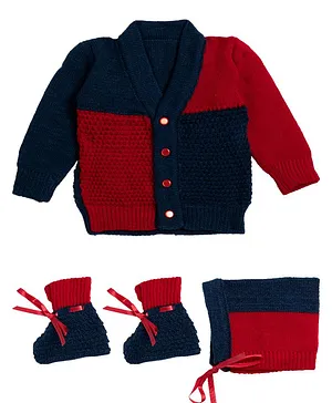 Little Angels Full Sleeves Color Block Sweater With Cap & Booties - Blue Red