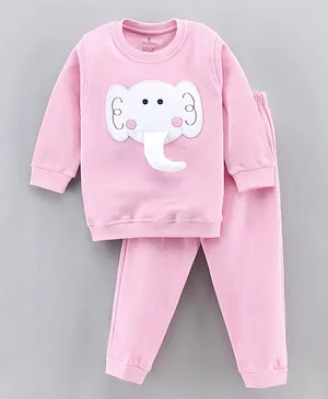 Child World Full Sleeves Winter Night Suit Elephant Patch - Pink