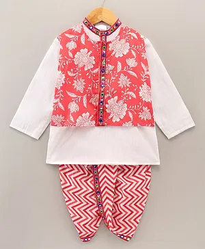 Kidcetra Full Sleeves Kurta With Attached Jacket & Chevron Dhoti Set - Red