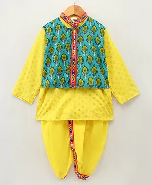 Kidcetra Full Sleeves Kurta With Attached Flower Print Jacket & Dhoti Set - Dark Green & Yellow