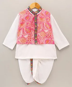 Kidcetra Full Sleeves Kurta With Attached Floral Jacket & Dhoti Set - Pink & White