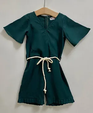 My Pink Closet Solid Half Sleeves Jumpsuit With Rope Belt- Teal Blue