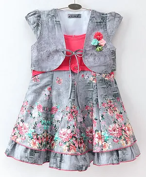 Enfance Core Floral Print Dress With Short Sleeves Shrug - Grey & Red