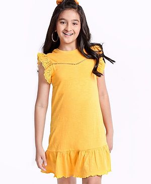 Pine Kids Biowash Flutter Sleeves Frock - Yellow