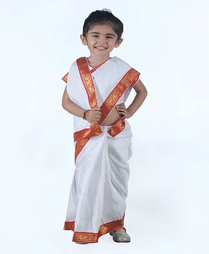 BookMyCostume Half Sleeves Bengali Indian State Saree For Girls - White