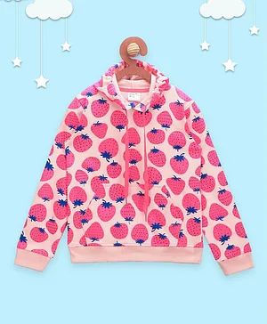 Lilpicks Couture Strawberry Print Full Sleeves Hoodie - Pink