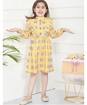 Lilpicks Couture Full Sleeves Checked Ruffled Dress - Mustard