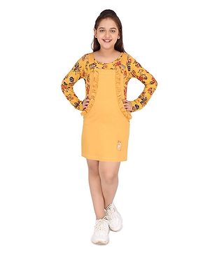 Cutecumber Full Sleeves Floral Print Tee With Sleeveless Pinafore Dress - Yellow