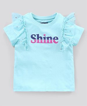 Pine Kids Short Sleeves Biowash with Ruffles Sleeves Text Print - Blue