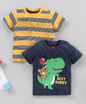 Babyhug Half Sleeves T-Shirts Stripes and Dino Print Pack of 2 - Navy Yellow