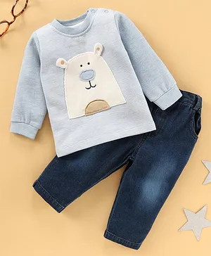 Wonderchild Full Sleeves Striped Teddy Patch Tee With Jeans - Blue