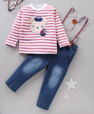 Wonderchild Full Sleeves Striped Tee With Jeans - Red & Blue
