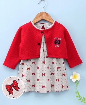Wonderchild All Over Bow Printed Dress With Full Sleeves Shrug - Red & Grey