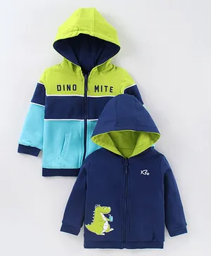 Babyoye Cotton Blend Full Sleeves Hooded Reversible Sweatshirt Dino Print-  Blue Green