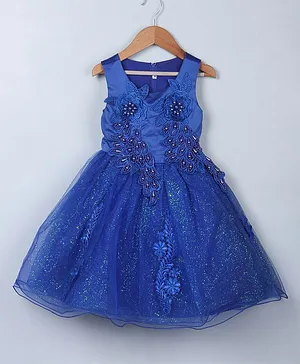 ZIBA CLOTHING Sleeveless Flower Embellished Beaded Flared Dress - Blue