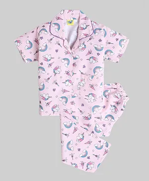 Indiurbane Unicorn Printed Half Sleeve Night Suit - Pink
