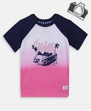 Blue Giraffe Half Sleeves Surfing Print Tee - Multi