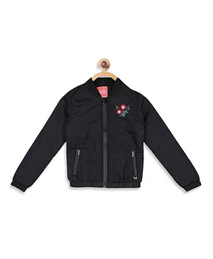 Blue Giraffe Flower Embroidered Full Sleeves Jacket - Black