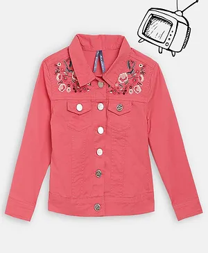 Blue Giraffe Flower Embroidered Full Sleeves Jacket - Peach