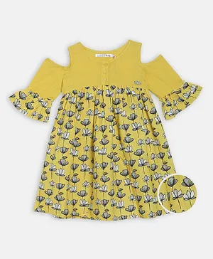 Elle Kids Three Fourth Sleeves Floral Print Dress - Yellow