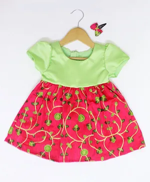 Many frocks & Cap Sleeves Embroidered Baby  Party Dress With Hair Clip - Green & Pink