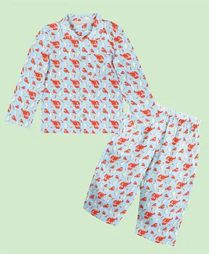 The Baby Atelier Full Sleeves All Over Crab Printed Organic Cotton Night Suit - Light Blue