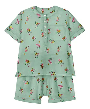 The Baby Atelier 100% Organic Short Sleeves Flower Print Tee With Shorts - Green
