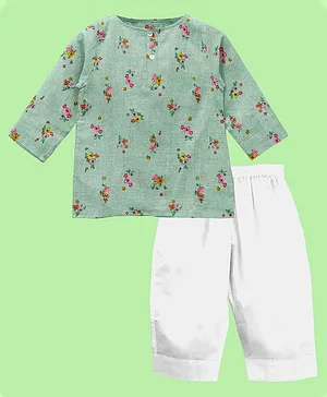 The Baby Atelier 100% Organic Full Sleeves Floral Design Night Suit - Green