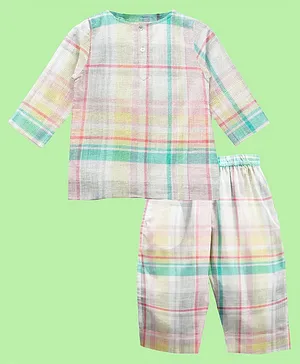The Baby Atelier 100% Organic Full Sleeves Checked Night Suit - Green & Peach