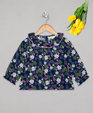 Budding Bees Full Sleeves Floral Print Ruffled Top - Blue