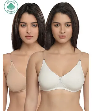 Inner Sense Pack Of 2 Solid Colour Organic Cotton Antimicrobial Backless Non-Padded Seamless Bra - White & Beige
