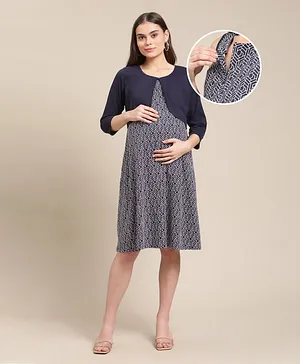 Bella Mama Maternity Dress with Full Sleeves Shrug - Navy Blue