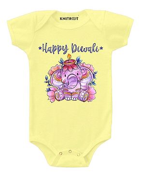 KNITROOT Happy Diwali Print Half Sleeves Onesie - Yellow