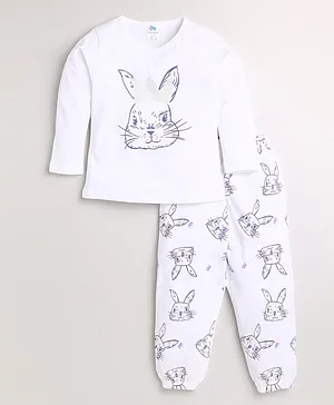 DEAR TO DAD Full Sleeves Rabbit Print Tee With Pants - White