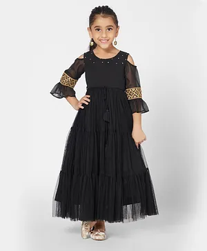 Mini Chic Beads At Neckline Three Fourth Sleeves Gown - Black