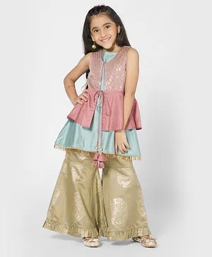Mini Chic Sleeveless Kurta With Attached Jacket & Printed Sharara - Pink