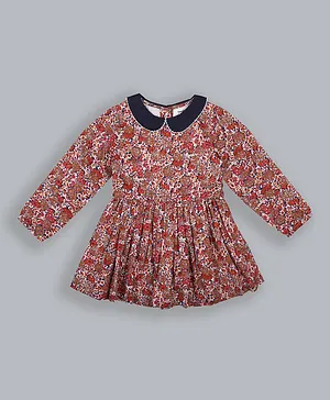 ShopperTree Full Sleeves Peter Pan Collared All Over Floral Print Dress - Pink