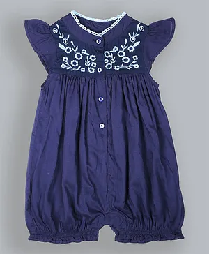 ShopperTree Cap Sleeves Flower Embroidered Romper - Blue