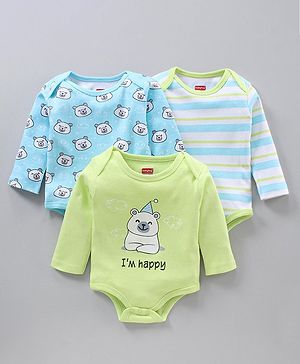 Babyhug 100% Cotton Full Sleeves Striped Onesies Bear Print Pack of 3 - Green Blue White