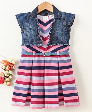 Enfance Striped Box Pleated Dress With Denim Short Sleeves Jacket - Pink & Blue