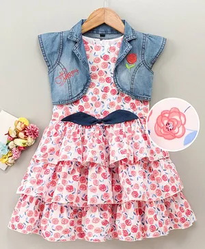 Enfance Short Sleeves Jacket With Floral Print Layered Dress - Blue & Pink