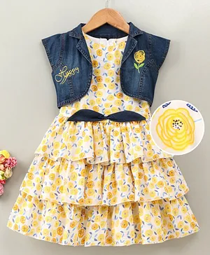 Enfance Short Sleeves Jacket With Floral Print Layered Dress - Blue & Yellow