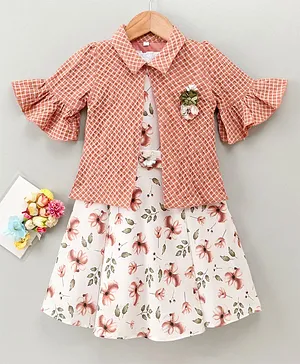 Enfance Floral Print Dress With Three Fourth Sleeves Checkered Jacket - Brown