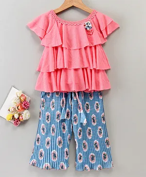 Enfance Short Sleeves Top With Printed Pleated Palazzo - Pink