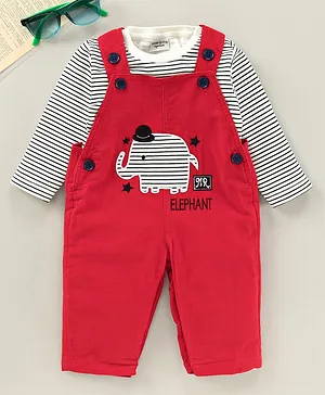 Wonderchild Full Sleeves Striped Tee With Elephant Patch Dungaree - Red