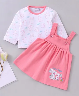 Wonderchild Full Sleeves All Over Print Tee With Dungaree Dress - Pink