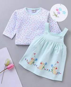 Wonderchild Full Sleeves All Over Flower Print Tee With Dungaree Dress - Blue