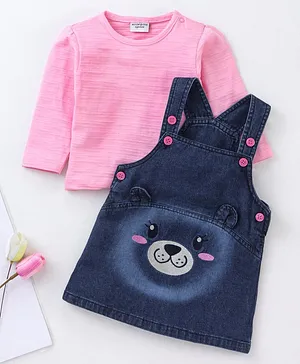 Wonderchild Full Sleeves Tee With Dog Patch Dungaree Dress - Pink