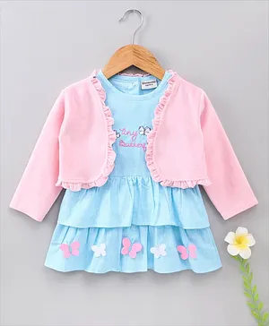Wonderchild Butterfly Applique Dress With Full Sleeves Shrug - Pink & Blue
